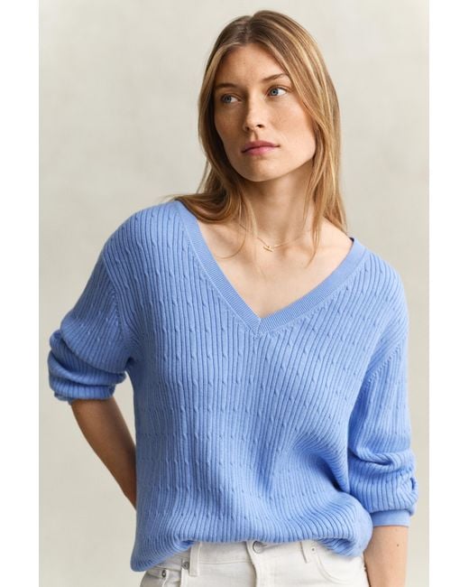 Gant Blue Cable Knit V-Neck Sweater