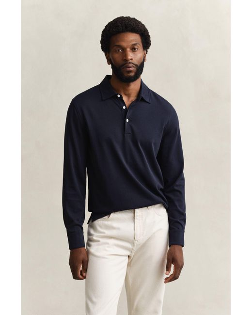 Gant Blue Pima Cotton Long Sleeve Polo Shirt Evening for men