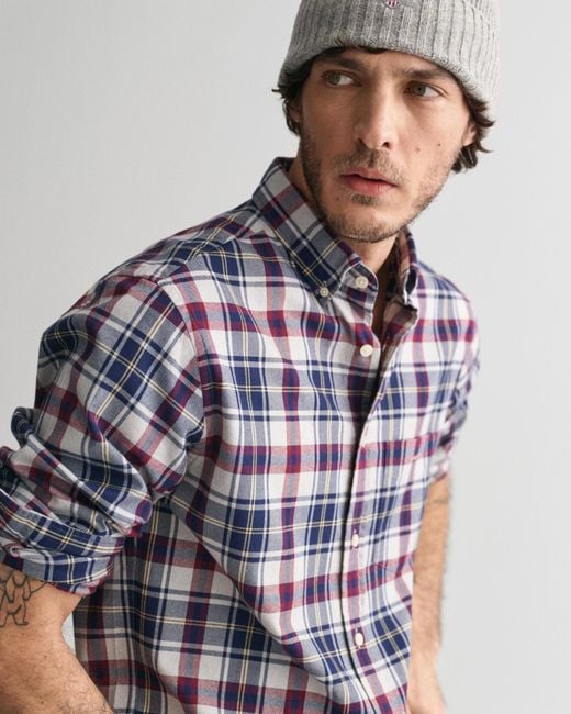 Gant Blue Regular Fit Plaid Flannel Jaspé Shirt () for men