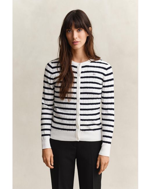 Gant Black Striped Cable Knit Cardigan Eggshell