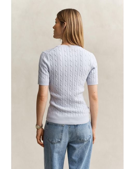 Gant Blue Stretch Cotton Cable Knit Short Sleeve Sweater