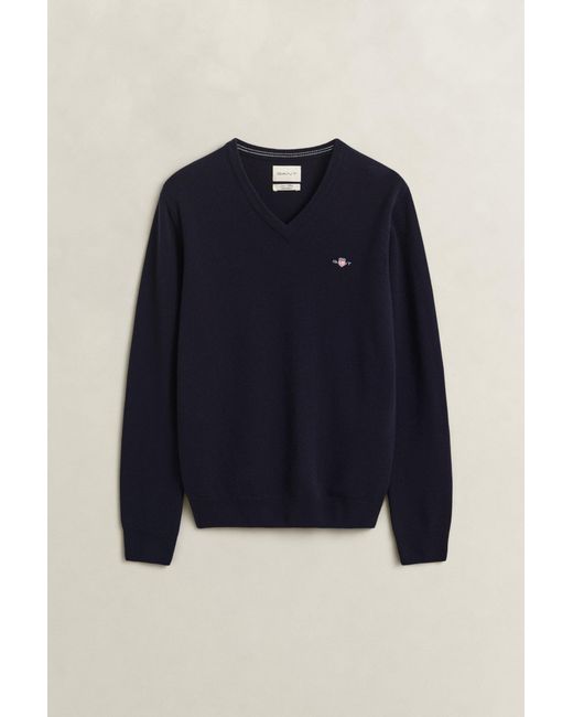 Gant Blue Lambswool V-Neck Sweater Marine for men