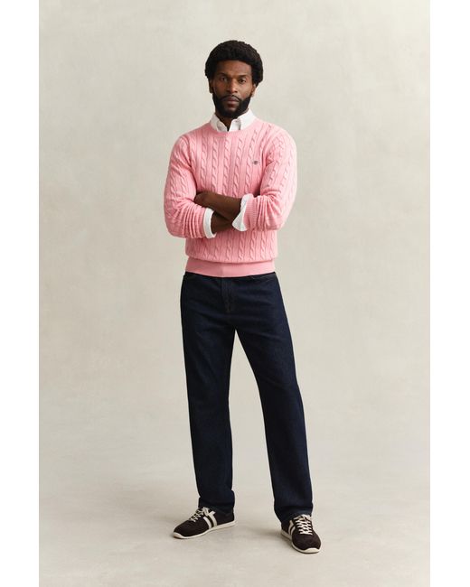 Gant Pink Cotton Cable Knit Crew Neck Sweater for men