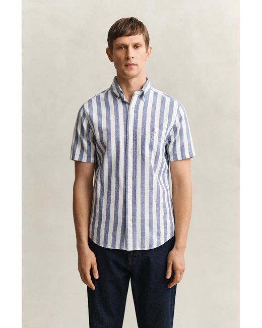Gant White Striped Linen Blend Short Sleeve Shirt for men