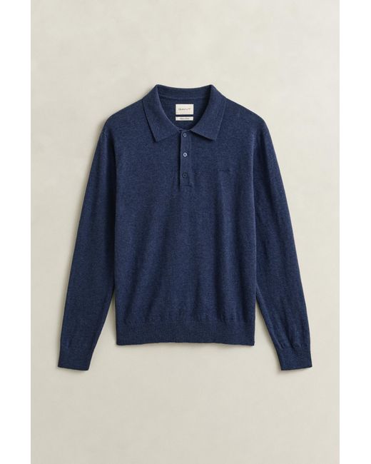 Gant Blue Slub Cotton Blend Polo Sweater Dark Melange for men