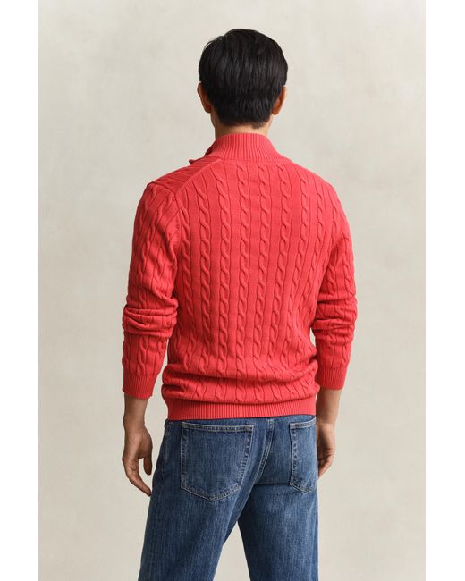 Gant Red Cotton Cable Knit Half-Zip Sweater for men