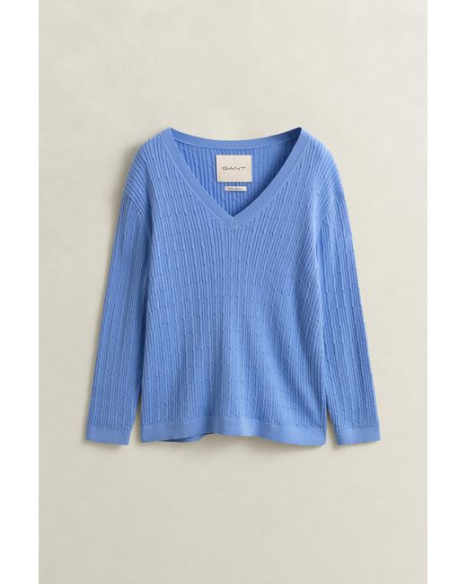 Gant Blue Cable Knit V-Neck Sweater