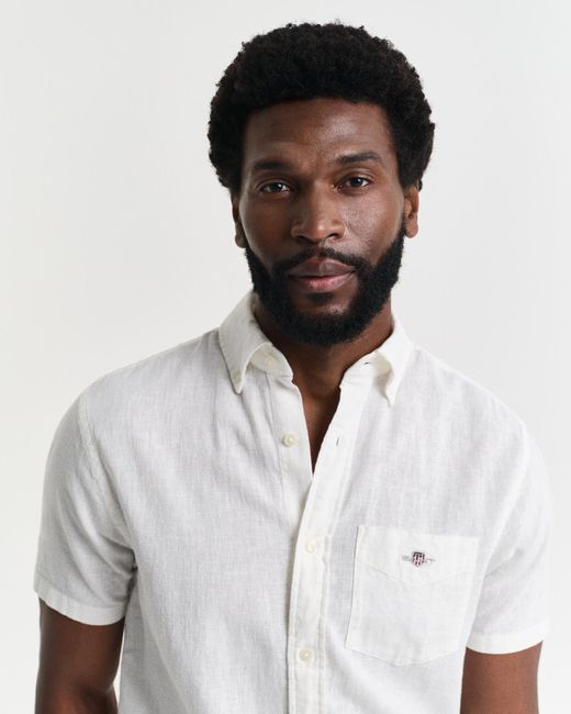Gant White Regular Fit Cotton Linen Short Sleeve Shirt With Embroidered Shield for men