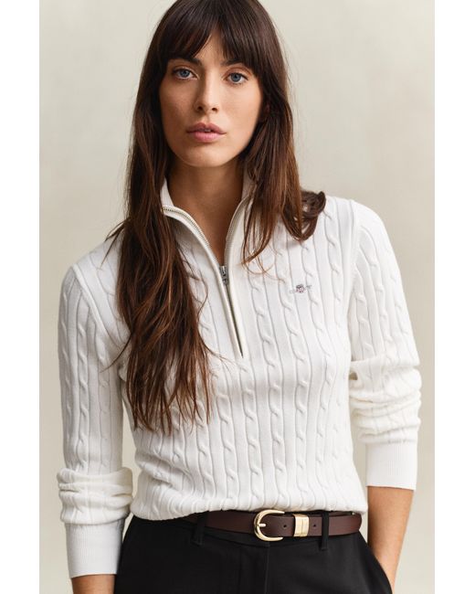 Gant White Stretch Cotton Cable Knit Half-Zip Sweater