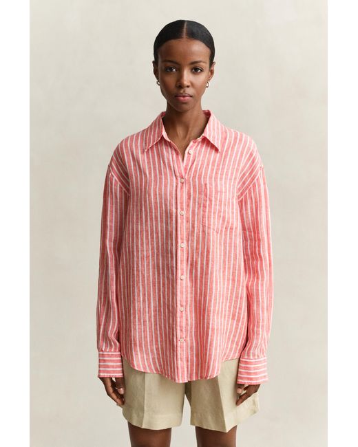 Gant Red Relaxed Fit Striped Linen Shirt