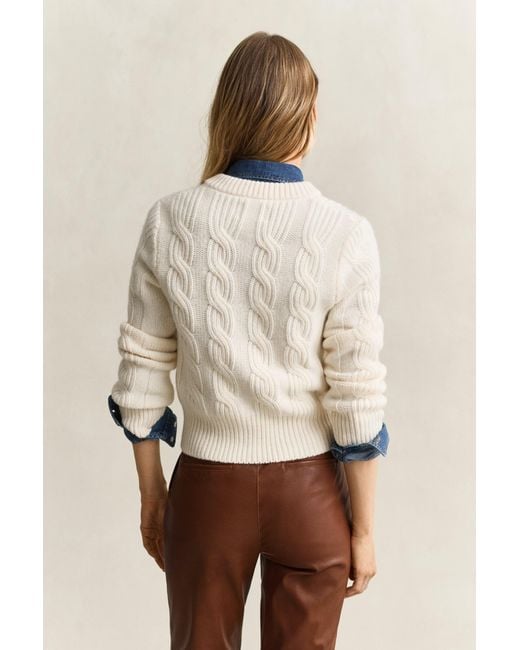 Gant Natural Wool Blend Cable Knit Cardigan Cream