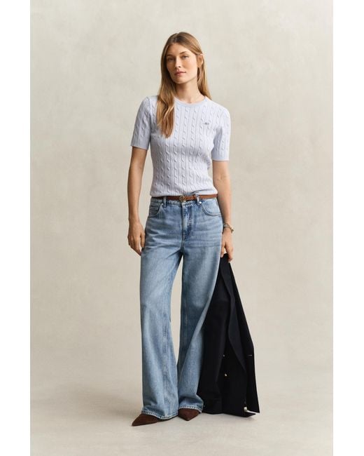 Gant Blue Stretch Cotton Cable Knit Short Sleeve Sweater