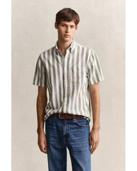 Gant Blue Striped Linen Blend Short Sleeve Shirt for men