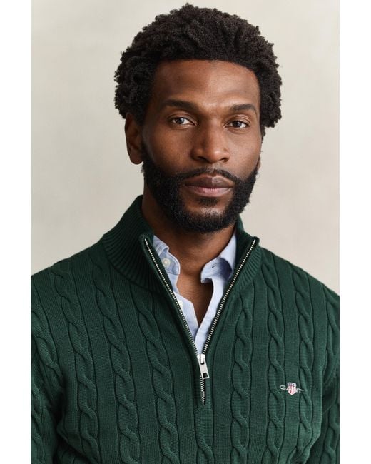 Gant Green Cotton Cable Knit Half-Zip Sweater Tartan for men
