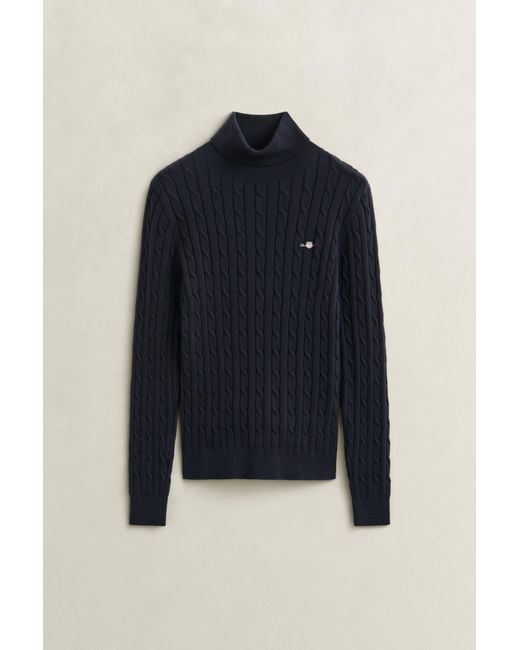 Gant Blue Stretch Cotton Cable Knit Turtleneck Sweater