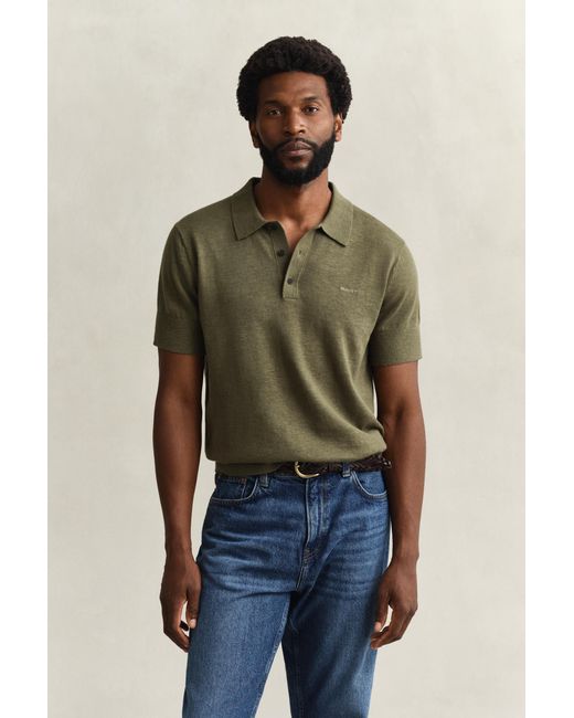 Gant Green Slub Cotton Blend Short Sleeve Polo Sweater for men