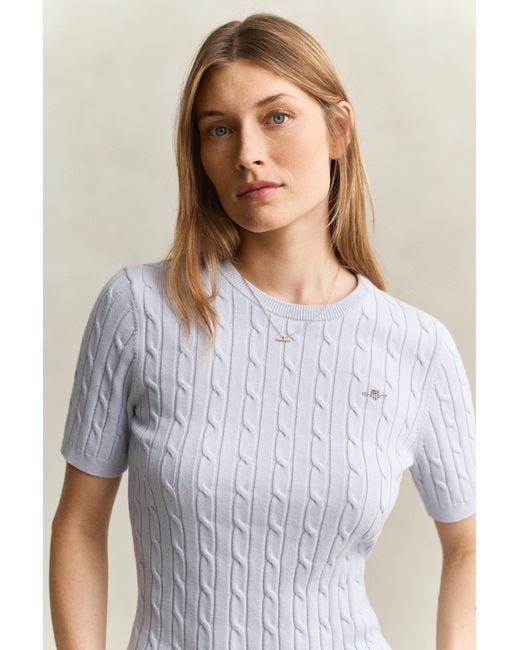 Gant Blue Stretch Cotton Cable Knit Short Sleeve Sweater