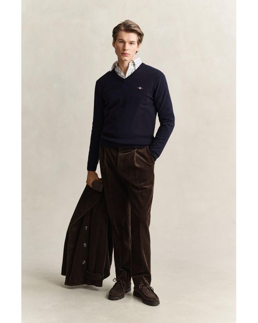 Gant Blue Lambswool V-Neck Sweater Marine for men