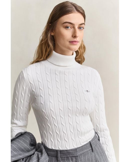 Gant White Stretch Cotton Cable Knit Turtleneck Sweater