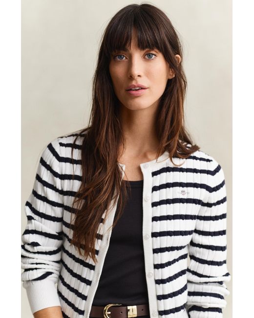 Gant Black Striped Cable Knit Cardigan Eggshell