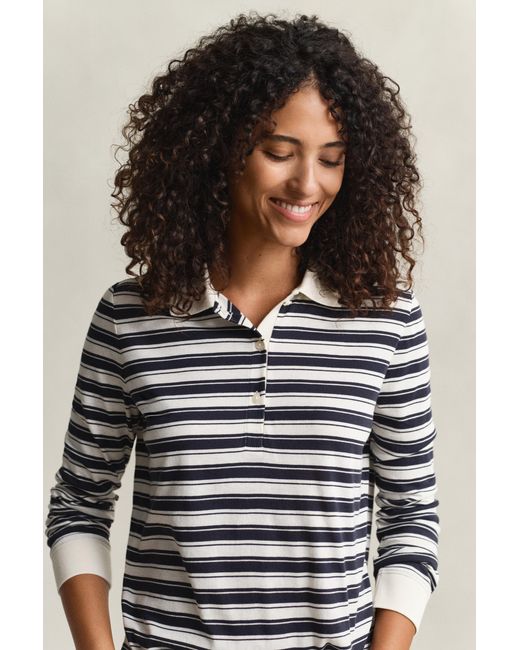 Gant White Striped Long Sleeve Polo Shirt Cream