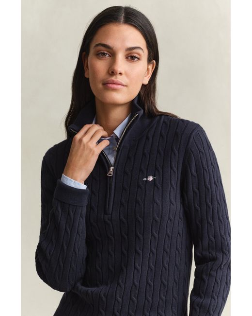 Gant Blue Stretch Cotton Cable Knit Half-Zip Sweater