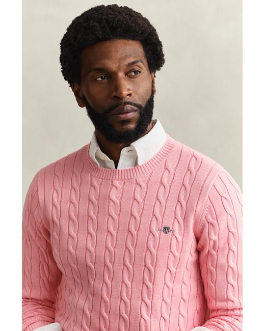Gant Pink Cotton Cable Knit Crew Neck Sweater for men