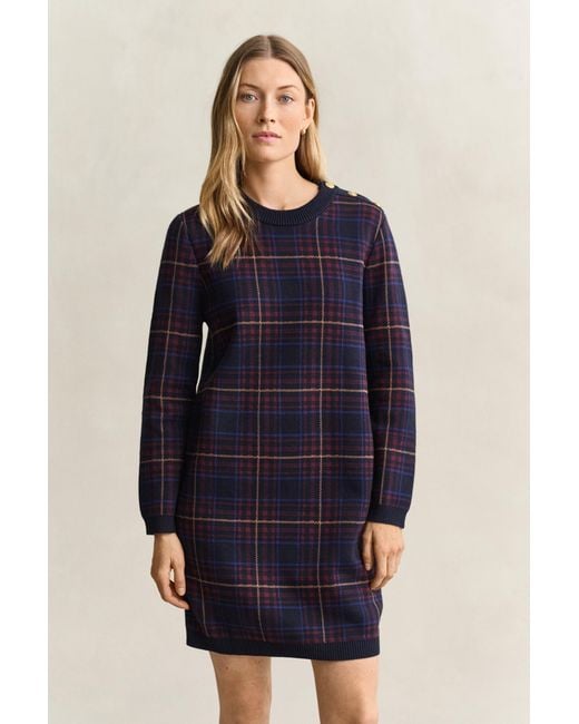 Gant Blue Knitted Check Dress Evening