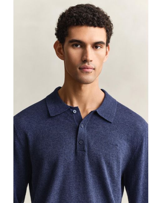 Gant Blue Slub Cotton Blend Polo Sweater Dark Melange for men