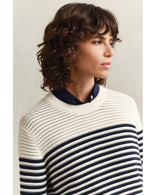 Gant Blue Striped Crew Neck Sweater Cream