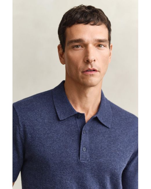 Gant Blue Slub Cotton Blend Short Sleeve Polo Sweater Dark Melange for men