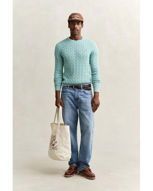 Gant Blue Cotton Cable Knit Crew Neck Sweater for men