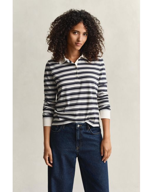 Gant White Striped Long Sleeve Polo Shirt Cream