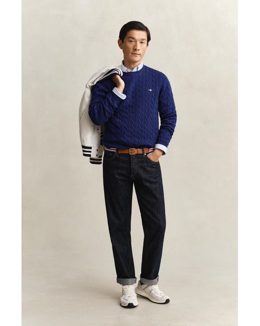 Gant Blue Cotton Cable Knit Crew Neck Sweater Rich for men