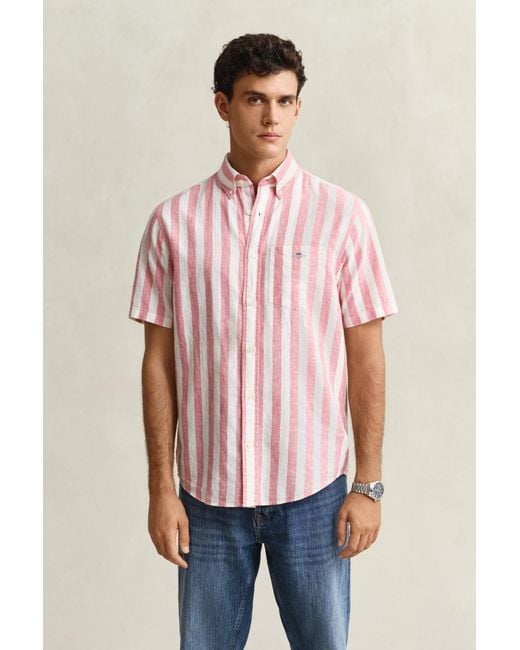 Gant Red Striped Linen Blend Short Sleeve Shirt for men