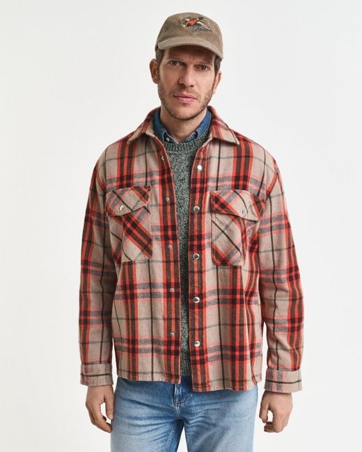 Gant Red Relaxed Fit Checked Overshirt Deep for men