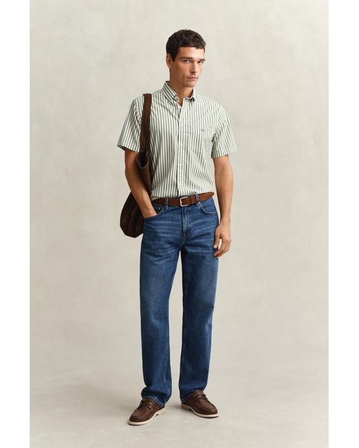 Gant Green Striped Classic Poplin Short Sleeve Shirt for men
