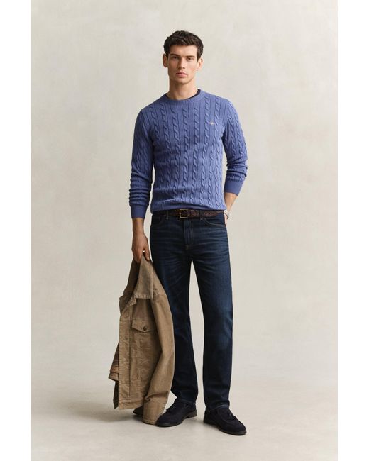 Gant Blue Cotton Cable Knit Crew Neck Sweater for men