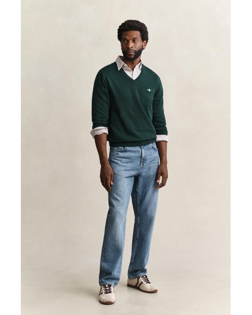 Gant Green Cotton V-Neck Sweater Tartan for men