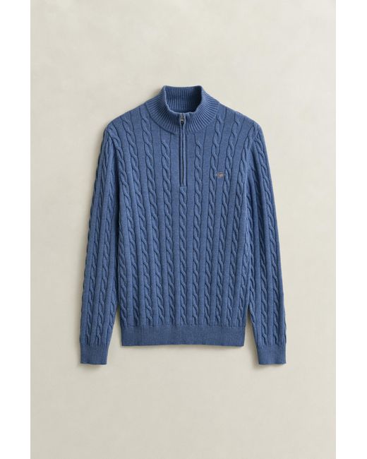Gant Blue Cotton Cable Knit Half-Zip Sweater Denim Melange for men