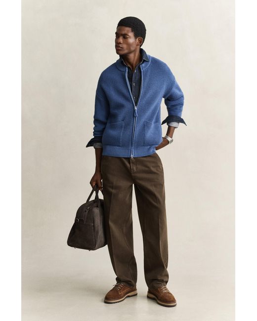 Gant Blue Ribbed Wool Zip Cardigan for men