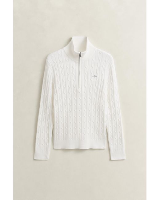 Gant White Stretch Cotton Cable Knit Half-Zip Sweater