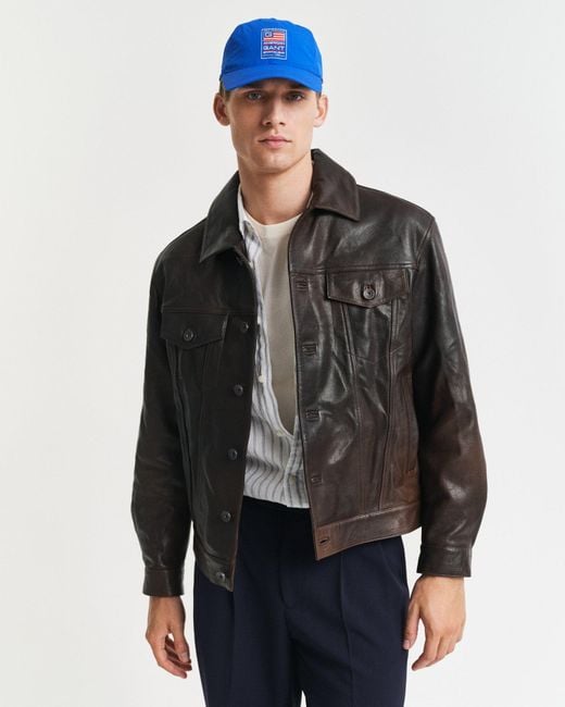 Gant Black Leather Trucker Jacket for men