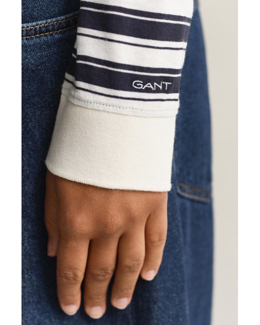 Gant White Striped Long Sleeve Polo Shirt Cream