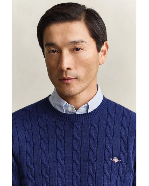 Gant Blue Cotton Cable Knit Crew Neck Sweater Rich for men