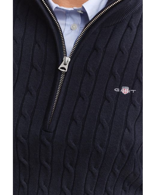 Gant Blue Stretch Cotton Cable Knit Half-Zip Sweater