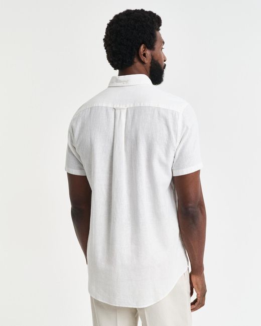 Gant White Regular Fit Cotton Linen Short Sleeve Shirt With Embroidered Shield for men
