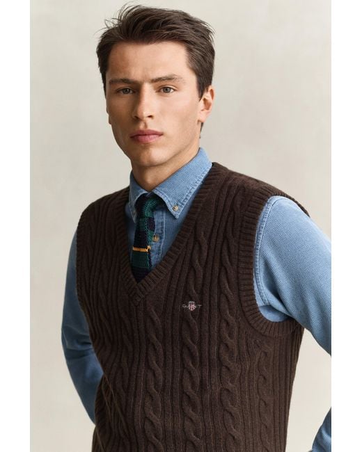 Gant Blue Lambswool Cable Knit Vest for men