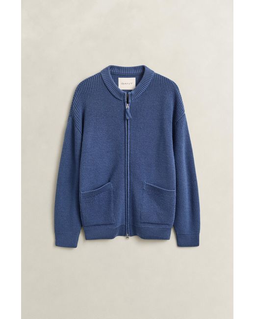 Gant Blue Ribbed Wool Zip Cardigan for men