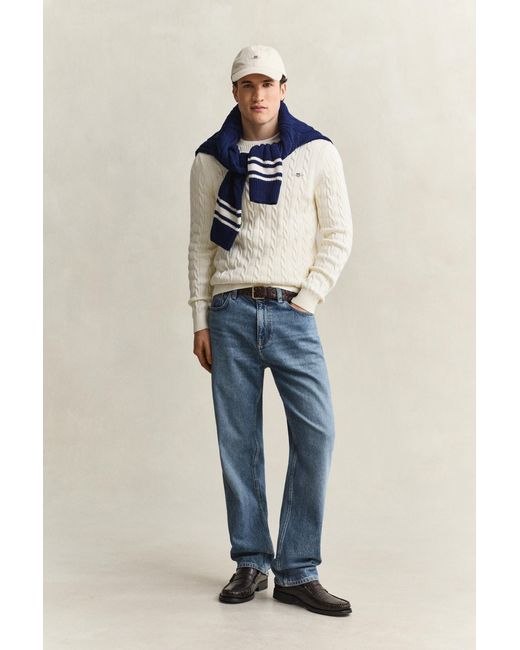 Gant White Cotton Cable Knit Crew Neck Sweater Cream for men